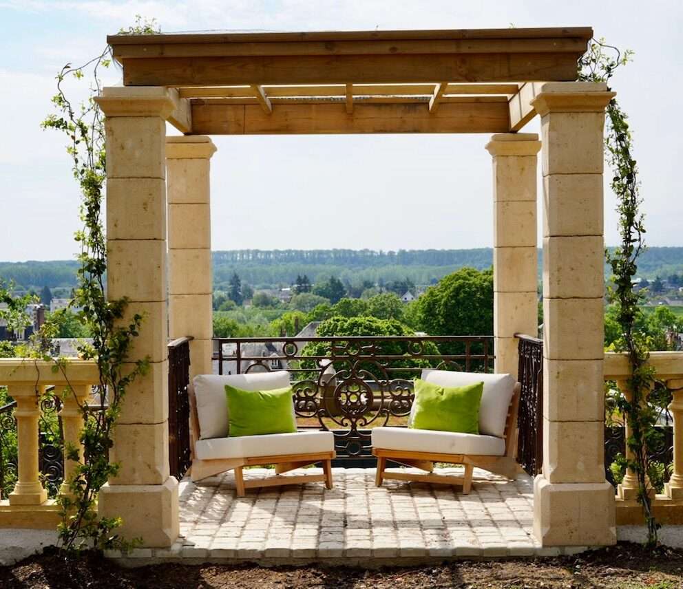 Our stone pergola overlooking the Loire River, the perfect spot for quiet reflection at our Blois bed and breakfast.